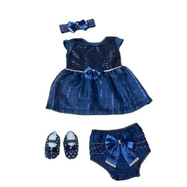 Imagem de Kit Vestido Calcinha Sapatinho Laço Roupa Bebe 0-6 meses 4pc - Lala Lu