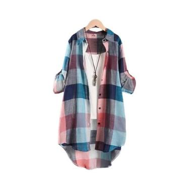 Imagem de Camisa Feminina De Manga Longa Em Xadrez Blusa Casual Chic Top De Linh