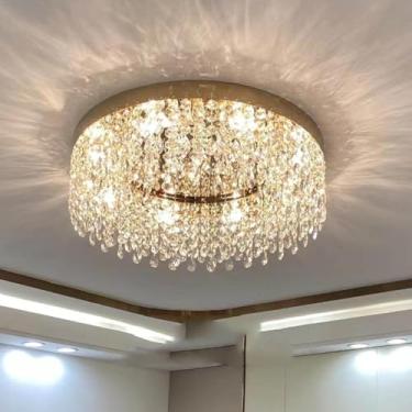 Imagem de Axamate Lustre De Cristal Moderno 24" Grande, Dourado, Luminária Teto Redonda, Tipo Gota Chuva, Embutida Para Sala Estar, Jantar E Quarto