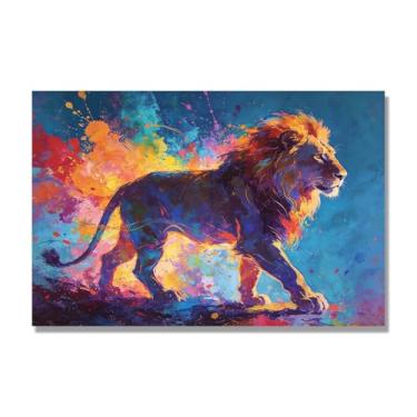 Imagem de NHLDZYH Arte abstrata de respingos de leão, pintura colorida de animais em tela, decoração de parede expressiva moderna para sala de estar ou escritório. A85. 40 x 60 cm - 15,8 x 23,7 pol. Somente