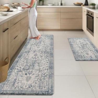 Imagem de Arttown Tapetes de cozinha para chão, 2 peças, tapetes antiderrapantes antifadiga para chão de cozinha, acolchoados, impermeáveis e resistentes a manchas, conjunto de tapetes listrados, lavanderia