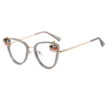 Imagem de HPIRME Óculos de lentes transparentes femininos, armação de pérolas, estilo luxo, em metal (cinza)