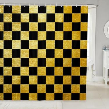 Imagem de Cortina de chuveiro retrô quadriculada decorativa cortina de banho xadrez preta dourada banheiras geométricas vintage acessórios de banheiro moderno simples e estético à prova d'água tecido de