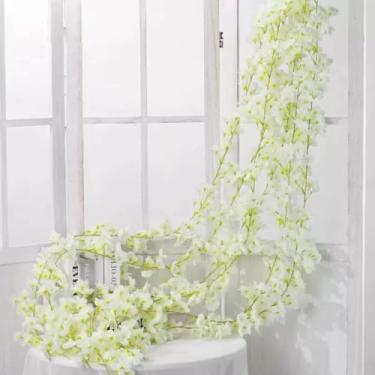 Imagem de Planta Artificial，Planta Artificial DecoraçãO，Vinha Artificial Decorativa Com Flores de Cerejeira Para Casa - Videira Com Flores Artificiais | DecoraçãO Para Sala, Varanda, Casamentos E Festas(Branco)