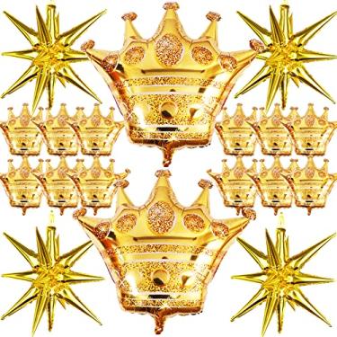 Imagem de Balões de alumínio com 18 peças para festa dourada - 4 balões de alumínio explosão estrela 55,88 cm e 2 balões de coroa grandes, 12 mini balões de coroa para decoração de festa de aniversário, cabine de fotos