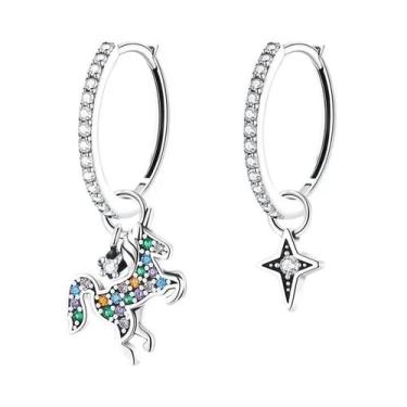 Imagem de Brincos De Prata 925 Unicórnio Arco-Íris Com Pedra Preciosa Brilhante 
