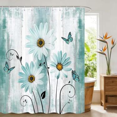 Imagem de JAWO Cortina de chuveiro rústica com flores azul-petróleo, margaridas e borboleta, para banheiro, conjunto de cortinas de banho de tecido turquesa rústico com 12 ganchos de 12 peças, 177 x 170 cm