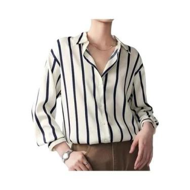 Imagem de Blusa Feminina Vintage De Cetim Listrada De Manga Longa, Camisa Casual