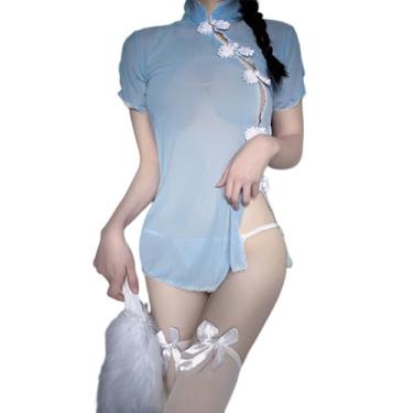 Imagem de QNCLO Fantasia feminina exótica de dançarina cosplay retrô estampada quimono lingerie (azul1)