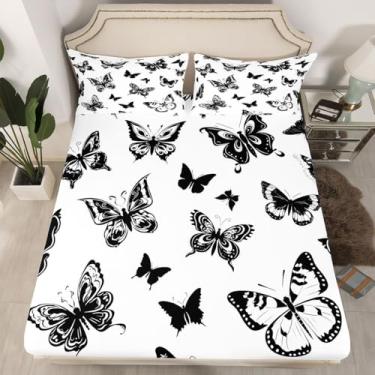 Imagem de Jogo de lençol solteiro com estampa de borboleta preto e branco, decoração de borboleta, estilo princesa, chique, natureza, todas as estações, lençol com elástico
