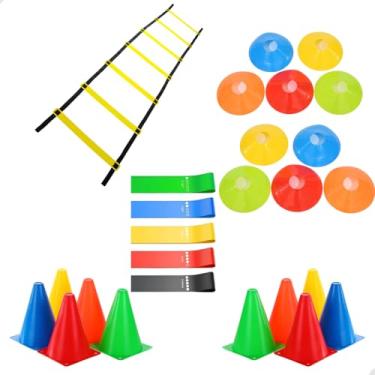 Imagem de Kit Funcional Treino Agilidade e Força 10 Chapeu + 10 Cones + 1 Escada 7 degraus + 5 Elastico miniband