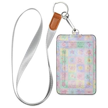 Imagem de Burbuja Porta-crachá de couro com cordão, etiqueta de identificação xadrez de flor com 1 janela transparente para identidade e 2 compartimentos para cartão para escritório, enfermeira, professor