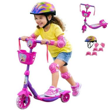 Imagem de Patinete 3 Rodas Infantil com Luz LED Capacete de Proteção Kit Seguran