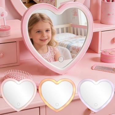 Imagem de Taolivingmart Espelho de maquiagem de coração com luzes, espelho de maquiagem de 3 níveis, espelho de mesa rosa dobrável portátil para quarto, viagem (rosa)