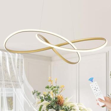 Imagem de Sparklelf D31.12.7 cm Lustre de LED Moderno Anel Dourado Lustre Teto Alto Contemporâneo com Controle Remoto Regulável, Luminárias Pendentes LED para Foyer Sala de Jantar Cozinha Ilha, 3000-6500K