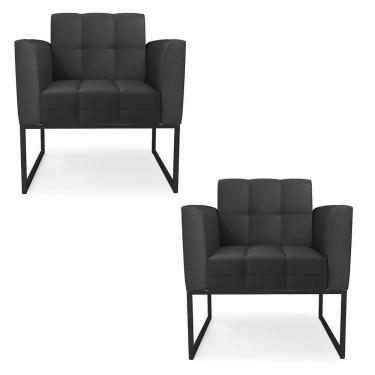 Imagem de Kit 2 Poltronas Elisa Corino Preto Base Metálica Industrial Preto - D'rossi