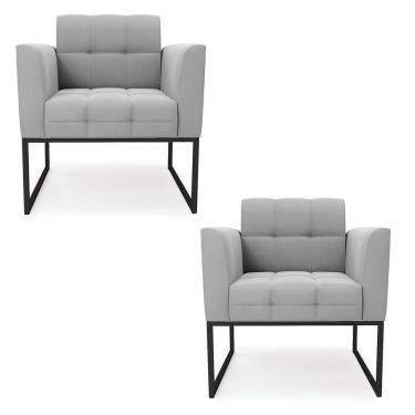 Imagem de Kit 2 Poltronas Elisa Suede Cinza Base Metálica Industrial Preto - D'rossi