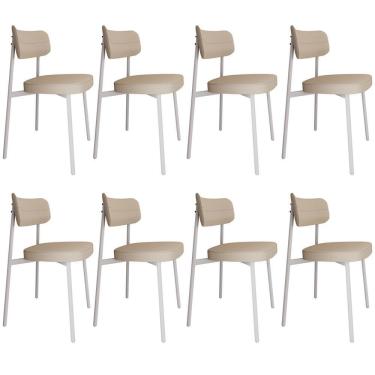Imagem de Kit 08 Cadeiras Estofada Para Sala De Jantar Astrid Branco C01 Linho Areia - Lyam Decor