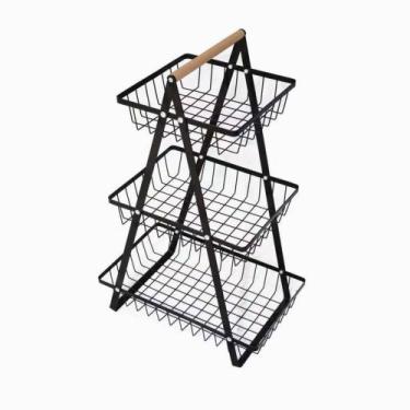 Imagem de Fruteira Metal 3 Andares Com Alça De Madeira - Preta - Top Rio