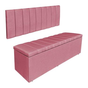 Imagem de Kit Cabeceira Painel E Calçadeira Recamier Baú Casal 1,40m Holanda Suede Rosa - Pallazio
