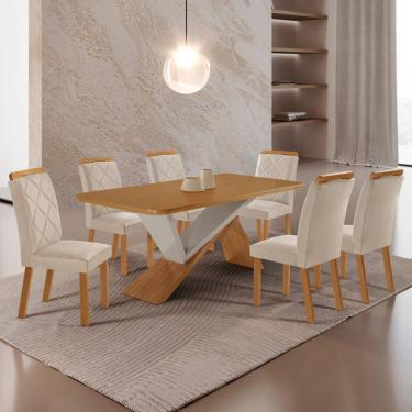 Imagem de Mesa De Jantar Yasmin 180 Mdf Laminado E 6 Cadeiras Melissa Veludo Creme/naturale/off White
