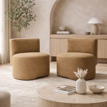 Imagem de Kit 2 Puff Orgânico Feijão Curvo Redondo Com Encosto Sala Quarto Confortável Resistente Suede Capuccino
