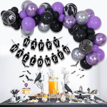 Imagem de Kit de balão, 65 unidades de látex preto e roxo para festa de Hallowee