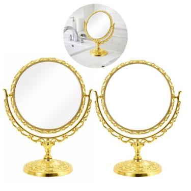 Imagem de 2 Espelhos de Mesa Princesa P/ Maquiagem 360g Dourado Redondo - Brafes