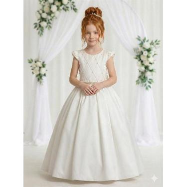 Imagem de Vestido Longo Ysa Kids Ariane Off com Babado e Pérolas, Beige, 4