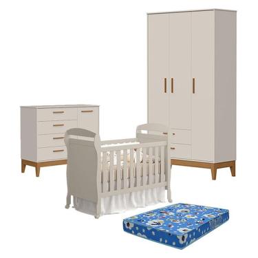 Imagem de Quarto De Bebê 3 Portas Com Cômoda Com Porta Flip E Berço Americano Danny Areia Acetinado Com Colchão Ortobom - Reller