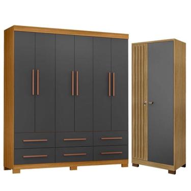 Imagem de Guarda Roupa Casal New Kansas E Armário Multiuso Versatile Carvalho Americano Grafite - Incorplac