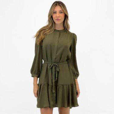Imagem de Vestido Enfim Curto Manga 7/8 com Cinto Feminino, G, Verde militar