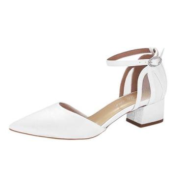 Imagem de Scarpin Branco Cetim Noiva Salto Baixo Grosso Duani, Branco, 34