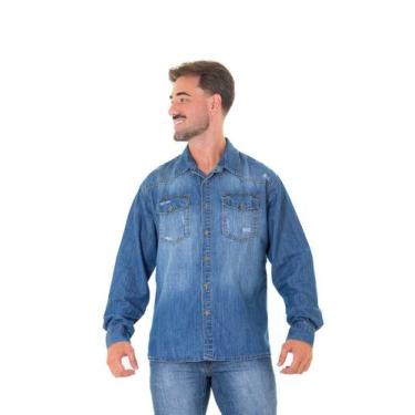 Imagem de Camisa Jeans Masculina Arauto Manga Longa, Azul médio, G1