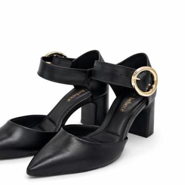 Imagem de Scarpin Bebecê Feminino Bico Fino Salto Grosso com Fivela Dourada Eleg