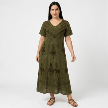 Imagem de Vestido Indiano Longo Manga Curta Liso bordado Colorido 1100-4 - - Sar