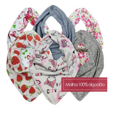 Imagem de Kit com 6 Babadores Bandana Bebê em Malha 100% Algodão com Forro Interno e Botão de Pressão
