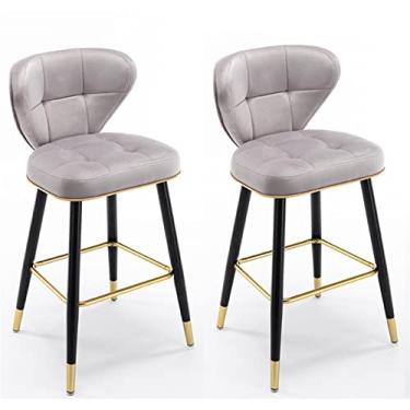 Imagem de Banco de Bar Cinza de 65 Cm com Costas, Cadeiras de Bar com Altura de Balcão de Cozinha de Veludo, Assento Estofado de Perna Preta de Metal para Bares, Cafés, Lounges, Pubs, Banco de Sala de Jantar