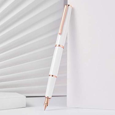 Imagem de HongDian 920 Caneta-tinteiro de metal branco, banhado a ouro rosa, caneta de escrita suave, caneta clássica com conversor de tinta