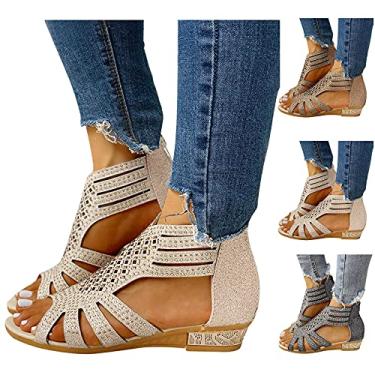 Imagem de Masbird Sandálias femininas casuais de verão, sandálias femininas 2021 gladiador de cristal vazado sandálias sapatos chinelos, 01#bege, 9