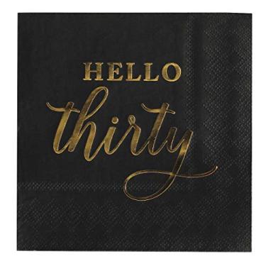 Imagem de Andaz Press Guardanapos de coquetel pretos com texto "Hello Thirty", pacote com 100 unidades, 3 camadas descartáveis para bebidas divertidas para aniversário de 30 anos, artigos de festa de aniversário de 30 anos, decorações