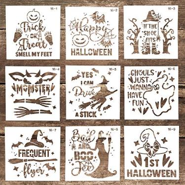 Imagem de Modelo de estêncil de carta de Halloween reutilizável decorativo DIY para artesanato DIY pintura de raspar em bolo, madeira, tela, piso, parede, azulejo (5,9 x 5,9 polegadas), conjunto de 9