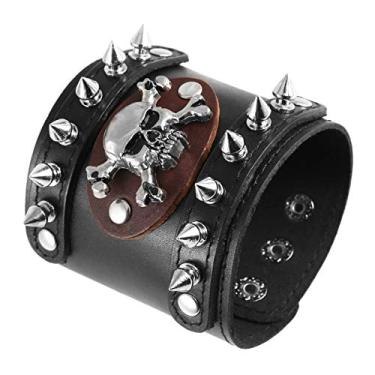 Imagem de Pulseira masculina de couro de caveira de metal HZMAN Punk Rock estilo bicicleta pulseira ajustável