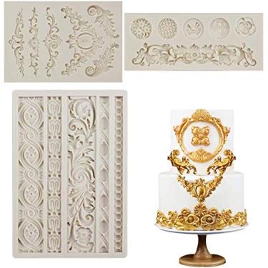 Imagem de Chistepper 3 Moldes Barrocos de Silicone para Fondant com Borda de Rolagem de Renda, Moldes de Chocolate para Decoração de Bolos, Artesanato de Açúcar, Argila de Polímero