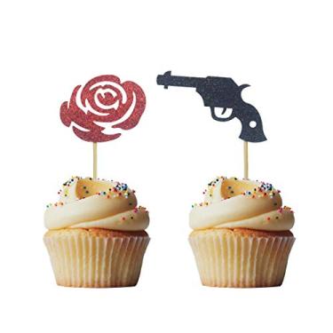 Imagem de Morndew 24 peças de topos de cupcake com glitter para armas ou rosas para revelação de gênero, decoração de festa de aniversário de chá de bebê - menino ou menina - ele ou ela