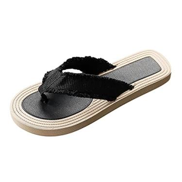 Imagem de Chinelos femininos de cor lisa chinelos de praia chinelos de moda chinelos planos verão casual moda sandálias chinelos de praia sandálias femininas tamanho 10 elegante (preto, 7,5)