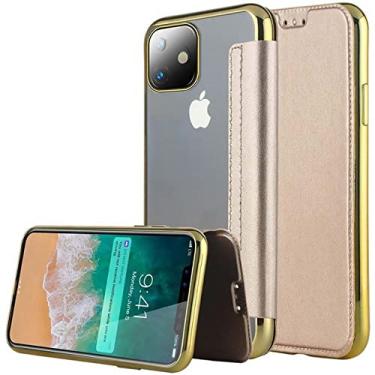 Imagem de Capa tipo carteira de couro fino de luxo para iPhone 14 Plus 13 Pro 11 12 Pro Max XR X XS Max 7 8 Plus Capa transparente para cartão macio, dourada, para iPhone SE 2020