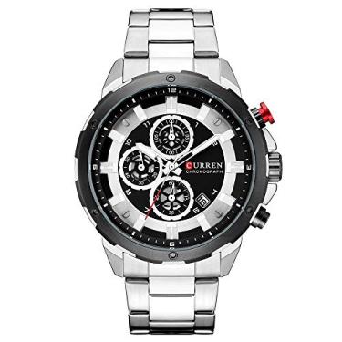 Imagem de Relógios masculinos, calendário analógico de quartzo CURREN, relógio de pulso para homens, pulseira de aço inoxidável à prova d'água moderna, Prata, Movimento de quartzo