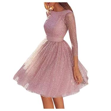 Imagem de Vestido feminino de renda vazada elegante para festa de casamento com gola redonda, rosa, XXG