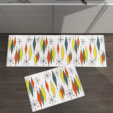 Imagem de Conjunto de 2 tapetes de cozinha estilo geométrico de meados do século diamante amarelo verde laranja branco para tapetes acolchoados e tapetes antiderrapantes absorventes corredor confortável tapete de pé